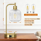 QiMH Industrial Table Lamp for Bedroom Set of 2, Clear Glass Beside Lamp with USB A&C Ports, Stepless Dimmable Gold Lamps, Nightstand Lamps for Living Room, Office, Home Decor(Bulb Included)