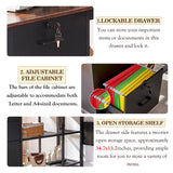 Executive Desk with Power Outlet, Lockable File Drawer and Storage Shelves,L Shaped Office Desk with Pegboard