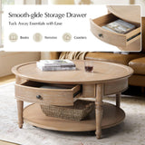 HULALA HOME Round Coffee Table with Casters, Wood Coffee Table Movable with Drawer/Shelf, Classic Traditional Center Tables for Living Room, Natural