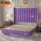 Jocisland King Size Upholstered Bed Frame with 58" Tall Headboard, Purple
