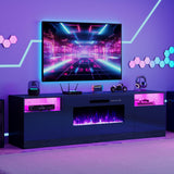 AMERLIFE 80" Fireplace TV Stand with 40" Electric Fireplace, TV Console with High Gloss Storage Cabinets and 12 Colors LED Lights, Modern Entertainment Center for TVs Up to 90", Black