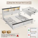 EnHomee King Size Bed Frame and Headboard & Storage, 4 Drawers and LED Built in Charging Station with Storage Farmhouse,Noise-Free,No Box Spring Needed,White