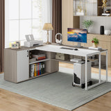 Tribesigns 71 inch Executive Desk, L Shaped Desk with Cabinet Storage, Executive Office Desk with Shelves, Business Furniture Set Workstation for Home Office, Gray and White