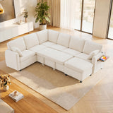 Modular Sectional Couch with Pull Out Sofa Bed, 116" U Shaped Modular Cloud Sofa Set with Ottoman, Charging Port & Foldable Side Table, 7 Seater Comfy Chenille Sleeper Couch for Living Room, Beige