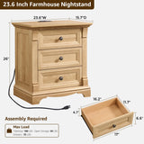 T4TREAM Farmhouse Nightstand Set of 2, 23.6" End Table with 3 Drawers Storage, Wood Side Table w/Roman Column, End Tables Living Room Set of 2, Bedside Cabinet for Bedroom, Oak