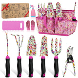 Housolution Gardening Tools Set, 10 PCS Stainless Steel Heavy-Duty with Non-slip Soft Rubber Handle with Large Garden Bag, Pink