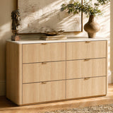 ModernMate 6 Drawer Dresser for Bedroom, 54" Clothes Dresser with Smooth Glide Drawers & Faux Travertine Texture Top, Modern Tall Chest of Drawers with Metal Handles for Bedroom Storage, Beige