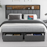 CIKUNASI Queen Size Bed Frame with Headboard and Storage, Drawers Platform Bed Frame with Storage Chargin Station LED Light Bedframe, Heavy Duty, No Box Spring Needed