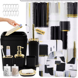 XLHOMO Bathroom Accessories Set - 25PC Bathroom Set with Shower Curtain and Rugs, Black Bathroom Set, Bathroom Accessory Set with Press-on Lid Trash Can, Soap Dispenser and Qtip Holders