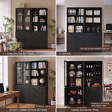 TUSY 71" H Bookshelf with Storage, 6-Tier Modern Bookshelves with 3 Large Drawer, Display Bookcase with Glass Doors, Modern 5-Tier Curio Cabinet for Home Office, Dining Room (Black, AB)