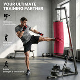 Soozier Punching Bag with Stand for Adults, 72.8"-90.9" Height Adjustable Freestanding Boxing Stand with Canvas Sandbag, Stable Triangular Base and 1" Weight Plate Storage for Home Gym MMA, Red