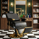 Felivine Reclining Barber Chair, Heavy Duty Hydraulic Barber Chair for Barbershop, Barber Salon Chairs with Vertical Stitch PU Leather, Adjustable Headrest & Footrest, 360° Swivel, Black and Gold
