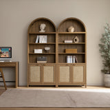 SICOTAS 84.2" Tall Arched Bookcase with Doors - 5 Tier Rattan Bookshelf