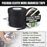 PACKKA Wire Harness Tape 3/4” x 50’ (3 Rolls) Self-Adhesive Fabric Tape Black Electrical Tape for Automotive Engines, Noise Dampening and Cable Protection