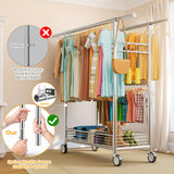 Heavy Duty Clothes Rack Load 960LBS, Three Rods Rolling Clothing Racks for Hanging Clothes, Rolling Garment Rack With Sturdy Wheels Shelves Hooks, Portable & Adjustable Commercial Garment Rack, Silver