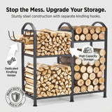 ZEXVIDA Firewood Rack Indoor With Hooks, 31inch Firewood Rack, 2-Tier log holders for firewood outdoor, Fireplace Wood holder Indoor, Adjustable Small Fire Wood Storage