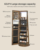 SONGMICS 6 LEDs Lockable Mirror Jewelry Cabinet, 360° Swivel Jewelry Organizer Armoire Standing, Frameless Full-Length Mirror, 3 Storage Shelves, Rustic Brown Surface, Black Lining UJJC007X01