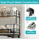 romision 2 Tier Compact Stainless Steel Dish Drainers Drying Rack for Kitchen Counter, Space Saving, Rust Proof Plate Strainers Holder On Countertop with Drainboard, Modern Black, Small