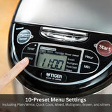 TIGER JAX-T10U-K 5.5-Cup (Uncooked) Micom Rice Cooker and Warmer with Tacook Food Steamer Cooking Tray Technology and 10 Auto-Cook Settings, Stainless Steel Black