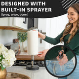 Stainless Steel Paper Towel Holder with Spray Pump – One-Handed Tear, Smart Traction System, 5 oz Sprayer Bottle, Heavy Duty Suction Cups, Weighted Base, Kitchen Towel Dispenser for Countertop Use