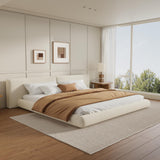 Merax King Size Low Profile Floor-Hugging Platform Bed, Platform Bed Frame with 27.45'' Headboard, 800lb WeightCapacity, Upholstered Modern Bed in Fabric, Cream