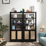 SICOTAS 71" Tall Rattan Bookshelf with Doors for Living Room Library