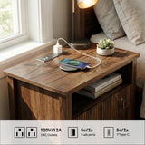 FUSUNBAO Set of 2 Nightstand with Charging Station, Vintage Bedside Table with 2 Fluted Drawers and Open Shelf, Rustic End Table with Power Outlet and USB Ports for Bedroom, Walnut