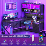 L Shaped Gaming Desk, Home Office Computer Desk with 2 Drawer and Bookshelf, L Shaped Gaming Desk with LED Light