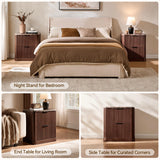 Lerivos Modern Fluted Nightstand Set of 2 with Charging Station, 22.8" Wide Wooden Bedside Table with 2 Drawers, Walnut Finish, Faux Marble Top, Curved Silhouette Design, End Table for Bedroom
