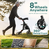 StepPilot Zero Wobble Rollator Walker with Seat for Seniors, 350lb Capacity, 18" Extra Wide Seat, 8" Wheels & Dual Brake, One-Hand Folds to 9.6", 7-Level Handle Adjustable, Cup Holder & Cane Clip