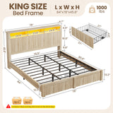 CypBed King Size Bed Frame with 2 Storage Drawers, Charging Port & LED Light, Wood King Bed Frame and 2-Tier Headboard,Farmhouse Wavy Design, Metal Platform, Noise-Free, No Box Spring Needed, Wood