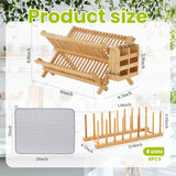 Chicmount 6 Pcs Dish Drying Rack Set 2 Tier Bamboo Collapsible Dish Rack with Utensil Holder Plate Holder and Mat for Kitchen Organizer, Cabinet Pot Lid, Bowl, Cup, Chopsticks, Utensils