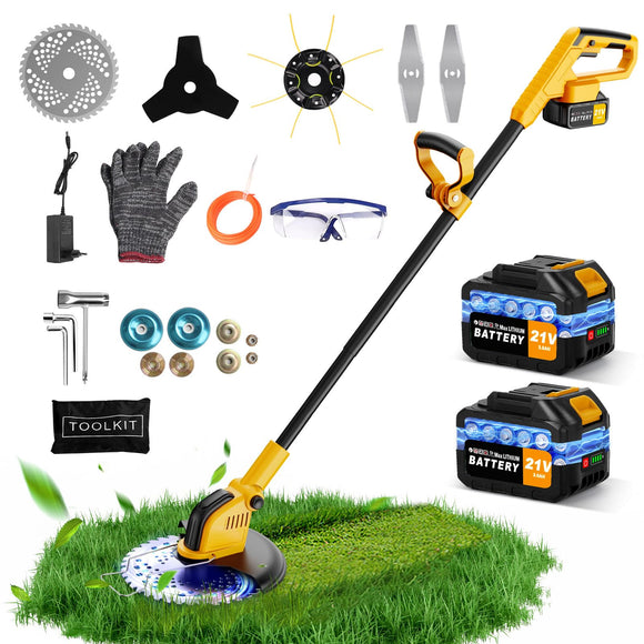 12 Inch Electric Weed Wacker, Lightweight Electric Weed Eater,800W Brushless Motor, 6000mAH, 2 Batteries,Yellow