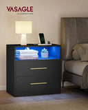 VASAGLE Custos Collection - 23.6 Inch Wide Nightstand with Charging Station, LED Lights, Modern Night Stand, Side End Table with Drawers, Open Shelf, 2 AC Outlets USB Ports, Ink Black