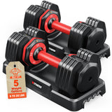 Rendpas Adjustable Dumbbells Set of 2, 5 in 1 Free Select Weight Dumbbell Set with Anti-Slip Texture Handle, Weight Set for Home & Gym, Suit Both Men and Women, Red, 25 Lb, 2 Pcs