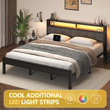 E-Motie King Size Bed Frame with LED Lights and Charging Station, Wood Storage Headboard with 2-Tier Shelves, Heavy Duty Metal Slats, No Box Spring Need, Noise Free, Easy Assembly, Light Grey