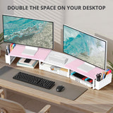 OPNICE Desk Organizers and Accessories, Dual Monitor Stand Riser with Drawer and 2 Pen Holders, Desk Shelf Printer Stand for Office Workspace Organizers, Desktop Organization (Pink-White)