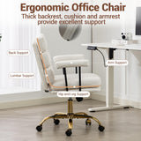 Leather Office Chair with Wheels,Ergonomic Swivel Rolling Task Chair,Padded Seat and Armrests,Adjustable Height Home Desk Chair,Executive Computer Chair, Gold Base Makeup Vanity Chair,White