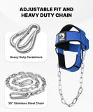 DMoose Fitness Neck Harness for Weight Lifting - Soft Padded Head & Chin Strap with 30" Heavy Duty Steel Chain - Neck Exerciser, Trainer & Strengthener to Support Injury Recovery (Blue)