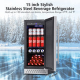Tylza Beverage Refrigerator 15 Inch Wide, Mini Fridge Stainless Steel Under Counter Beverage Cooler, 130 Cans Beer Fridge
