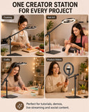 LUXSURE 10" Overhead Ring Light for Desk with Weighted Base, Freestanding Telescopic Phone Mount, Phone Stand with Light & Remote for Video Recording, Cooking, Crafts, Live Streaming