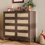 LINSY Rattan Dresser for Bedroom, Wide Mid-Century Modern Tall Chest of Drawers, Large Storage Wood Dresser with Deep Drawers, 8 Drawer, Dark Wood