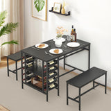 GarveeHome 3-Pieces Dining Table Set for 2-4 People, Small Kitchen Dinner Table with 2 Bench, Dining Room Tables Set with Storage Drawer & Shelf (Black)