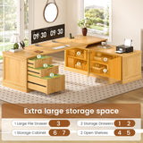 SEDETA Fluted 70.9" L Shaped Desk with Drawers and Storage Cabinet, Oak