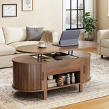 ONBRILL 43.3" Oval Lift Top Coffee Table with Hidden Compartment, Fluted Wood Coffee Table with Sliding Door, Mid-Century Modern Lift Tabletop Dining Table for Living Room, Home Office, Walnut