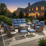 moosprr Luxury Patio Furniture Set with Fire Pit Table, Outdoor Furniture Set with High Back Swivel Chairs & 6-inch Thick Cushions, 10 PCS Fire Pit Patio Set for Yard, Deck, Poolside, Brown/Blue