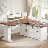 55 inch Height Adjustable Corner Desk with Storage Drawers, Standing Computer Desks with Power Outlets for Home Office