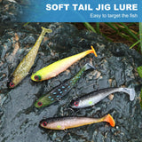 Gibtikoy 5 Pcs Pre-Rigged Soft Fishing Lures, 3.5In Paddle Tail Jig Heads Swim Bait, Realistic Movement Easy Catch Fishing jigs Lure, Fishing Baits for Freshwater Saltwater Bass Trout Baits