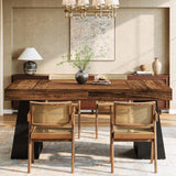 wo Tone Dining Table for 4-6 People, Rectangular Farmhouse Kitchen Dinner Table with Double Pedestal