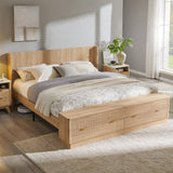 T4TREAM Fluted King Bed with Headboard and Storage Bench, Natural Oak